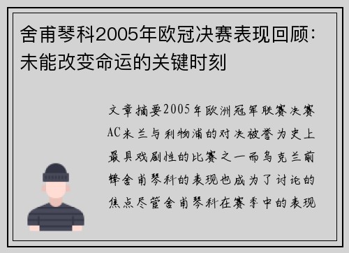 舍甫琴科2005年欧冠决赛表现回顾：未能改变命运的关键时刻