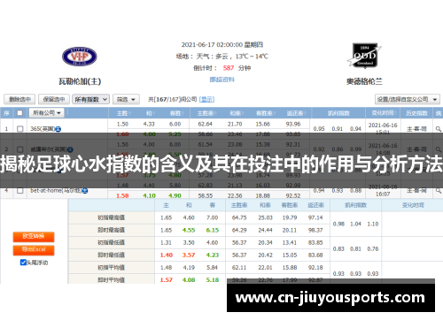 揭秘足球心水指数的含义及其在投注中的作用与分析方法